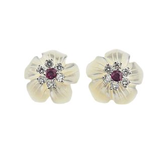 14k Gold Carved MOP Diamond Ruby Flower Earrings