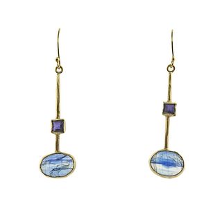 Barneys New York Designer Sapphire 18k Gold Drop Earrings