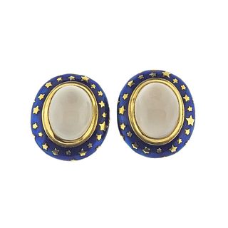 18k Gold Moonstone Enamel Star Earrings