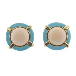 14k Gold Coral Turquoise Button Earrings