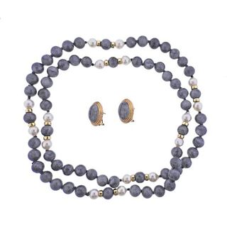 Gump's 14k Gold Gray Jade Pearl Necklace Earrings Set