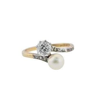 Antique Victorian 14k Gold Pearl Diamond Bypass Ring