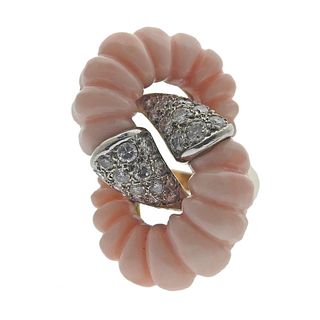 18k Gold Diamond Carved Coral Cocktail Knot Ring