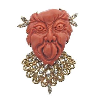 14k Gold Diamond Carved Coral Face Brooch Pendant