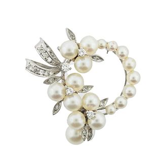 1950s Midcentury 14k Gold Diamond Pearl Brooch Pendant