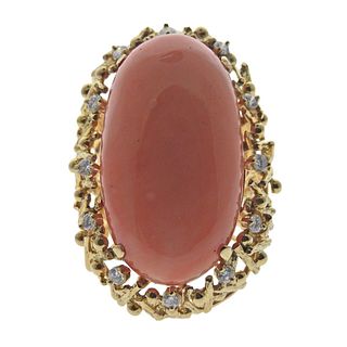 1970s 18k Gold Diamond Cabochon Coral Large Cocktail Ring