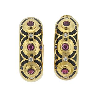 Cartier Diamond Ruby Sapphire Enamel Gold Hoop Earrings