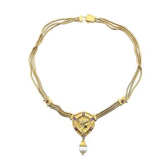 SeidenGang 18k Gold Amethyst Tourmaline Pearl Pendant Necklace 