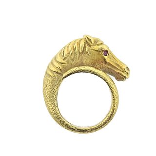 18K Gold Ruby Horse Motif Bypass Ring