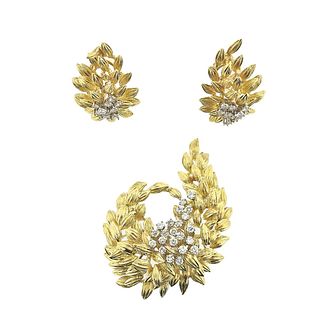 1960s 18k Gold Diamond Leaf Motif Brooch Earrings Set