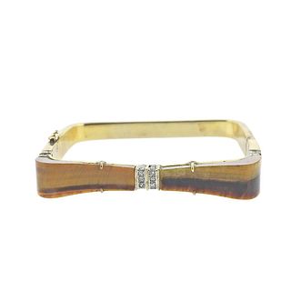 1970s 14k Gold Diamond Tigers Eye Square Bangle Bracelet