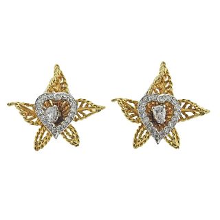 18k Gold Diamond en Tremblant Heart Flower Earrings 