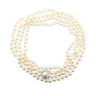14k Gold Diamond Pearl Two Strand Long Necklace