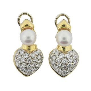 18k Gold Diamond Pearl Heart Earrings