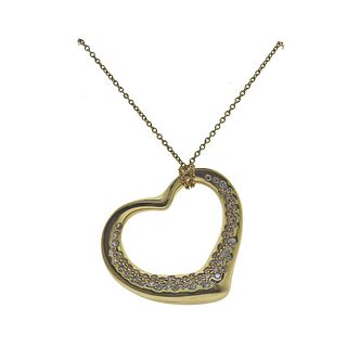 Tiffany & Co Elsa Peretti 18k Gold Diamond Open Heart Pendant Necklace
