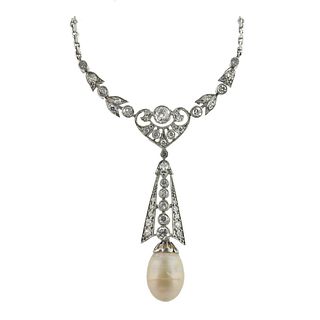 Edwardian Diamond Pearl Necklace on 14k Gold Necklace