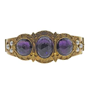 Carlo Giuliano Antique Gold Amethyst Pearl Bangle Bracelet 