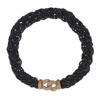 Van Cleef & Arpels France 1980s Onyx Diamond Gold Braided Necklace