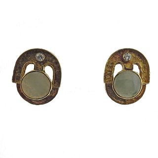Modernist 18K Gold Diamond Jade Clip Earrings