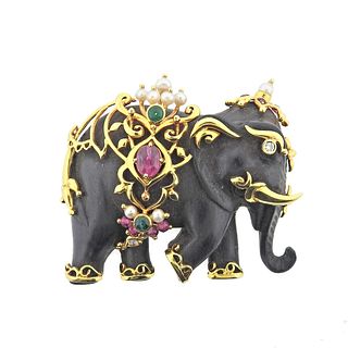 Lotus Art De Vivre 18K Gold Diamond Ruby Emerald Pearl Wood Elephant Brooch