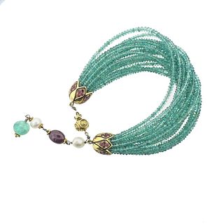 18K Gold Emerald Ruby Pearl Bead Bracelet