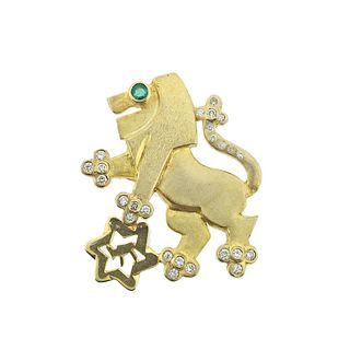 14k Gold Diamond Emerald Lion of Judah Brooch Pendant
