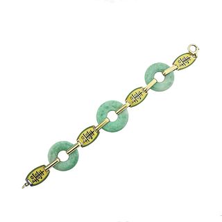 Art Deco 14K Gold Jade Enamel Bracelet