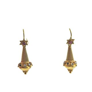 Antique Etruscan Revival 18K Gold Diamond Gemstone Earrings