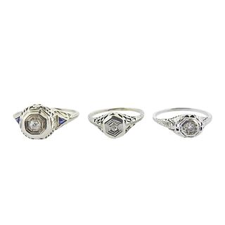 Art Deco Filigree 18k Gold Diamond Engagement Ring Lot 3pc