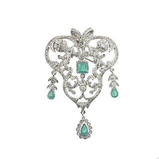 14k Gold Diamond Emerald Lavalier Pendant Brooch