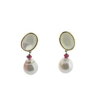 Assael 18k Gold Pearl Moonstone Ruby Drop Earrings