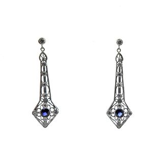 14k Gold Filigree Diamond Sapphire Drop Earrings 