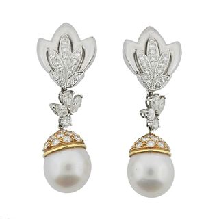 Vintage 18k Gold Diamond South Sea Pearl Cocktail Earrings