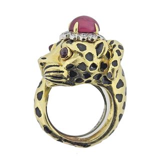 18k Gold Platinum Ruby Diamond Leopard Ring