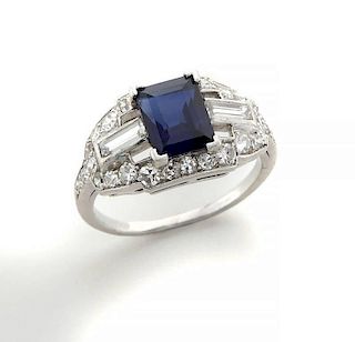 Platinum diamond and sapphire ring