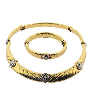 Tiffany & Co 1980s Gold Hematite Diamond Necklace Bracelet Set