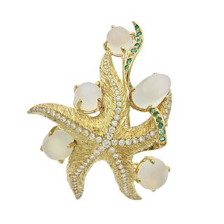 Giorgio Chilleri Gold Diamond Emerald Moonstone Brooch Pin