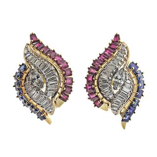 Vintage 18k Gold Platinum Diamond Ruby Sapphire Earrings