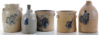 Five Blue-Decorated Stoneware Jugs and