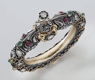 Mughal style 14K gold and silver bangle bracelet