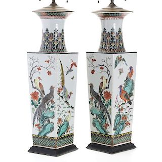 Huge pair Chinese famille verte squared vases