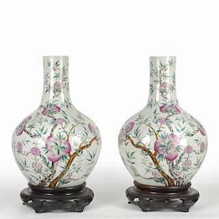 Large pair Chinese famille rose peach vases