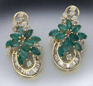 Retro 14K gold, emerald and diamond earrings