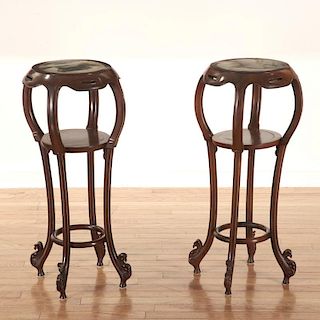 Nice pair Chinese marble inset hardwood stands