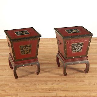 Pair Antique Chinese red lacquer ice chests