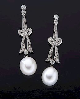 Edwardian style 18K, diamond and pearl earrings