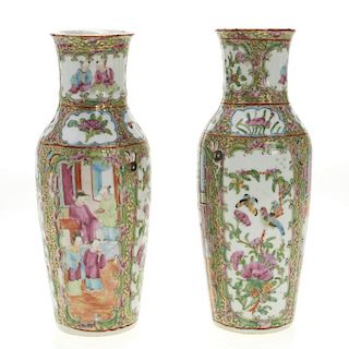 Pair Chinese Export rose medallion baluster vases