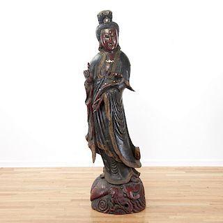 Life size Chinese polychrome carved wood Guanyin