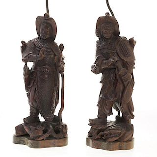 Pair Asian carved wood figural lamps