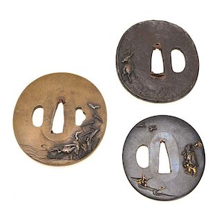 (3) Antique Japanese soft metal and iron tsuba